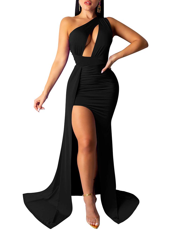 LAGSHIAN Women Sexy Elegant One Shoulder High Split Cutout Long Evening Dress Black - Image 1
